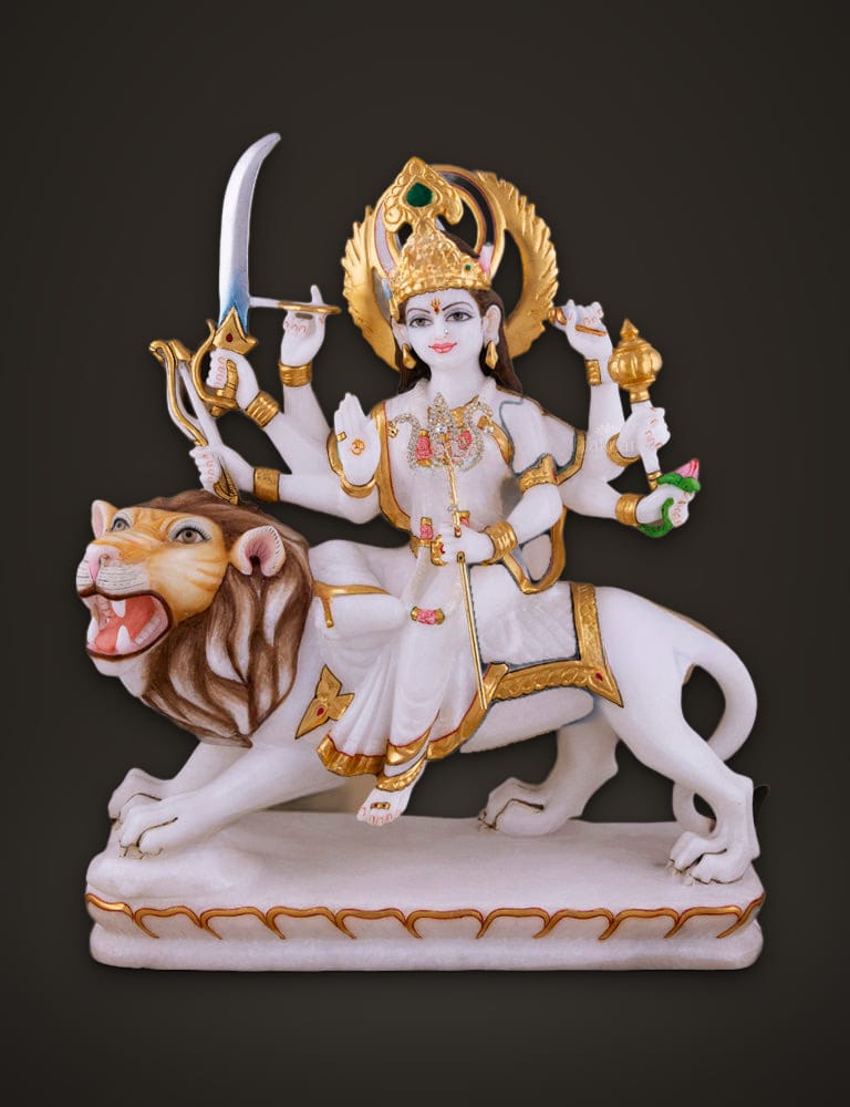 Marble Idol Durga Sitting On Lion 15 inch, front view