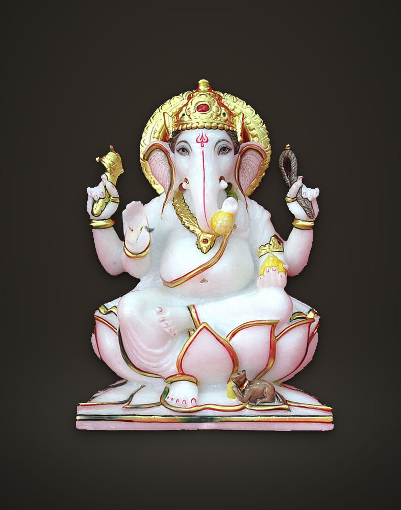 Marble Ganesh Murti Sitting on Lotus 10 inch, front view