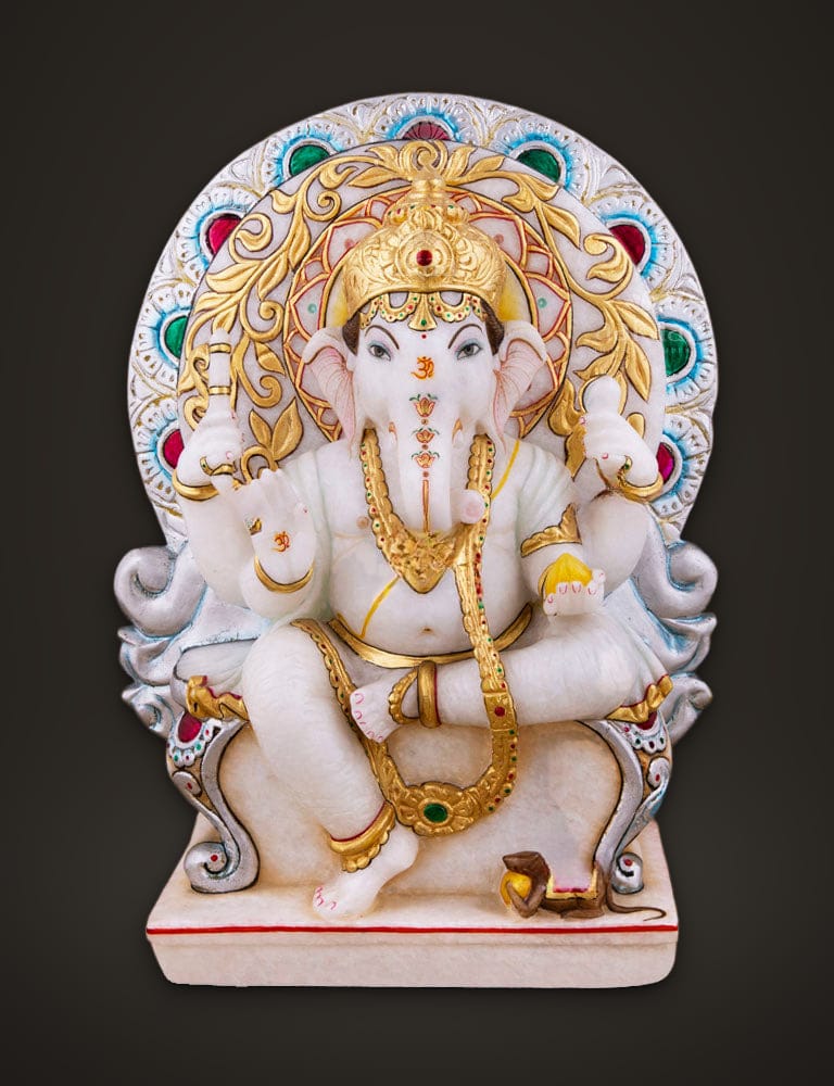 Sihasan Ganesh in Marble 14 inch, front view