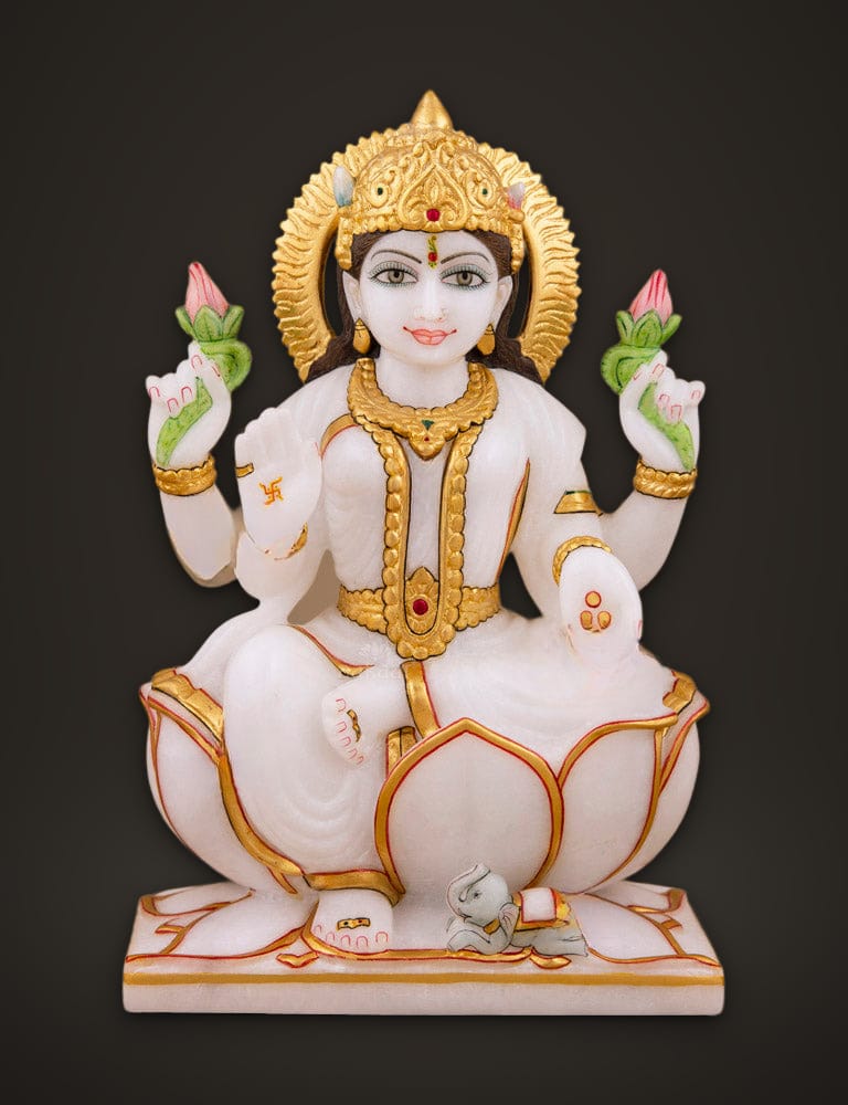 Marble Lakshmi Sitting on Lotus 10 inch, front view