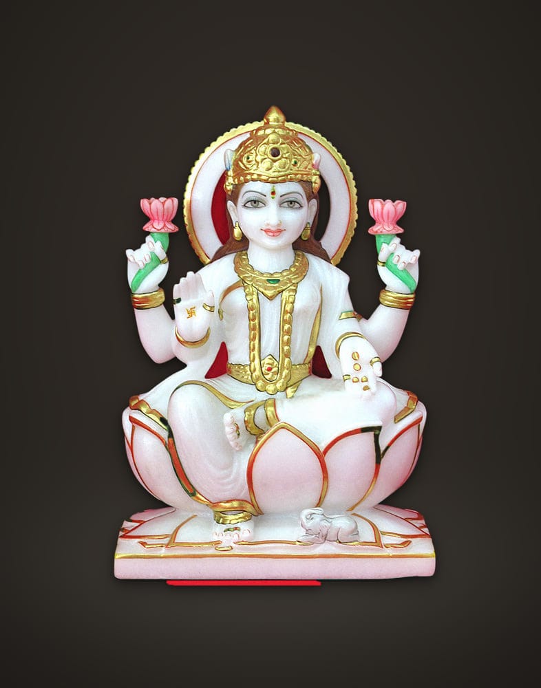 Marble Laksmi sitting on Lotus 10 inch, front view