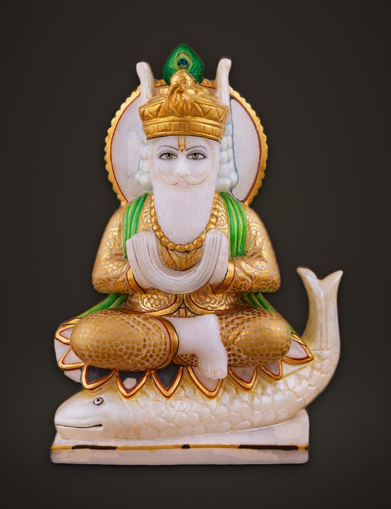 Jhulelal Murti in White Marble 8 inch, front view