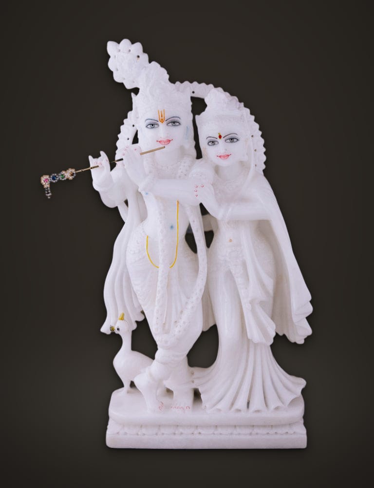 Radha Krishna Idol in Pure White Marble 17 inch, front view