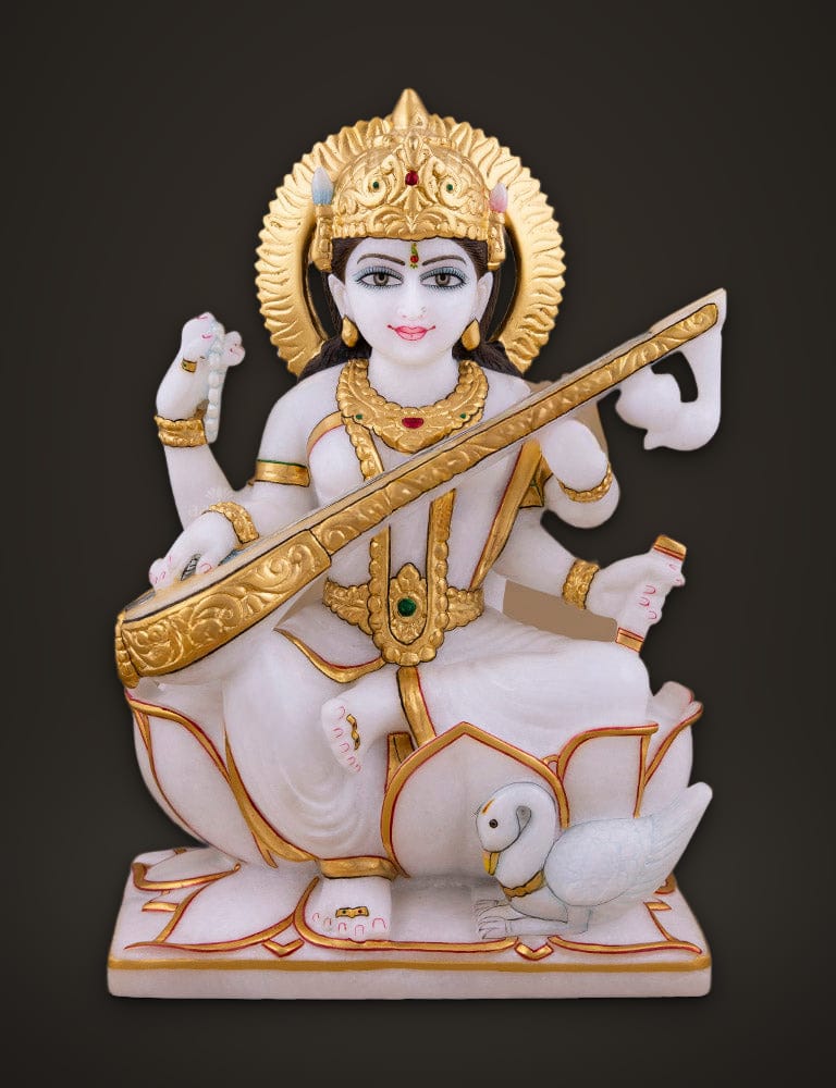 Marble Murti Saraswati 12 inch, front view