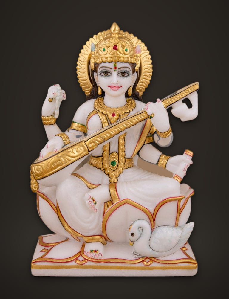 Saraswati Idol in Pure Marble 7 inch, front view