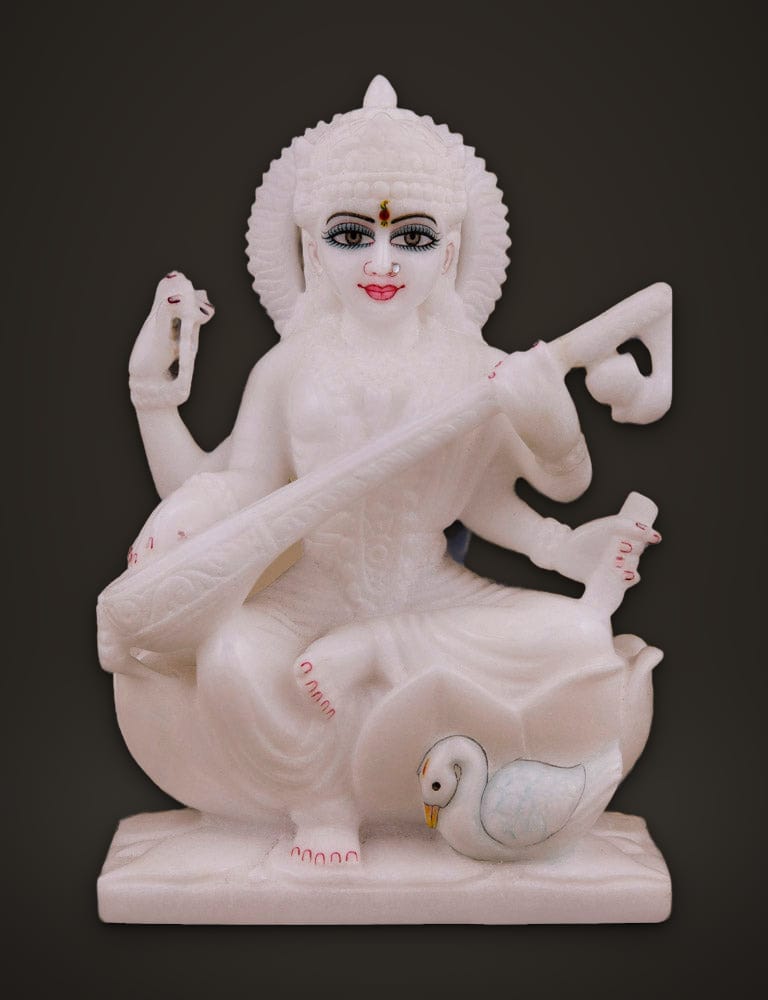 Saraswati Moorti in Pure Marble 6 inch, front view